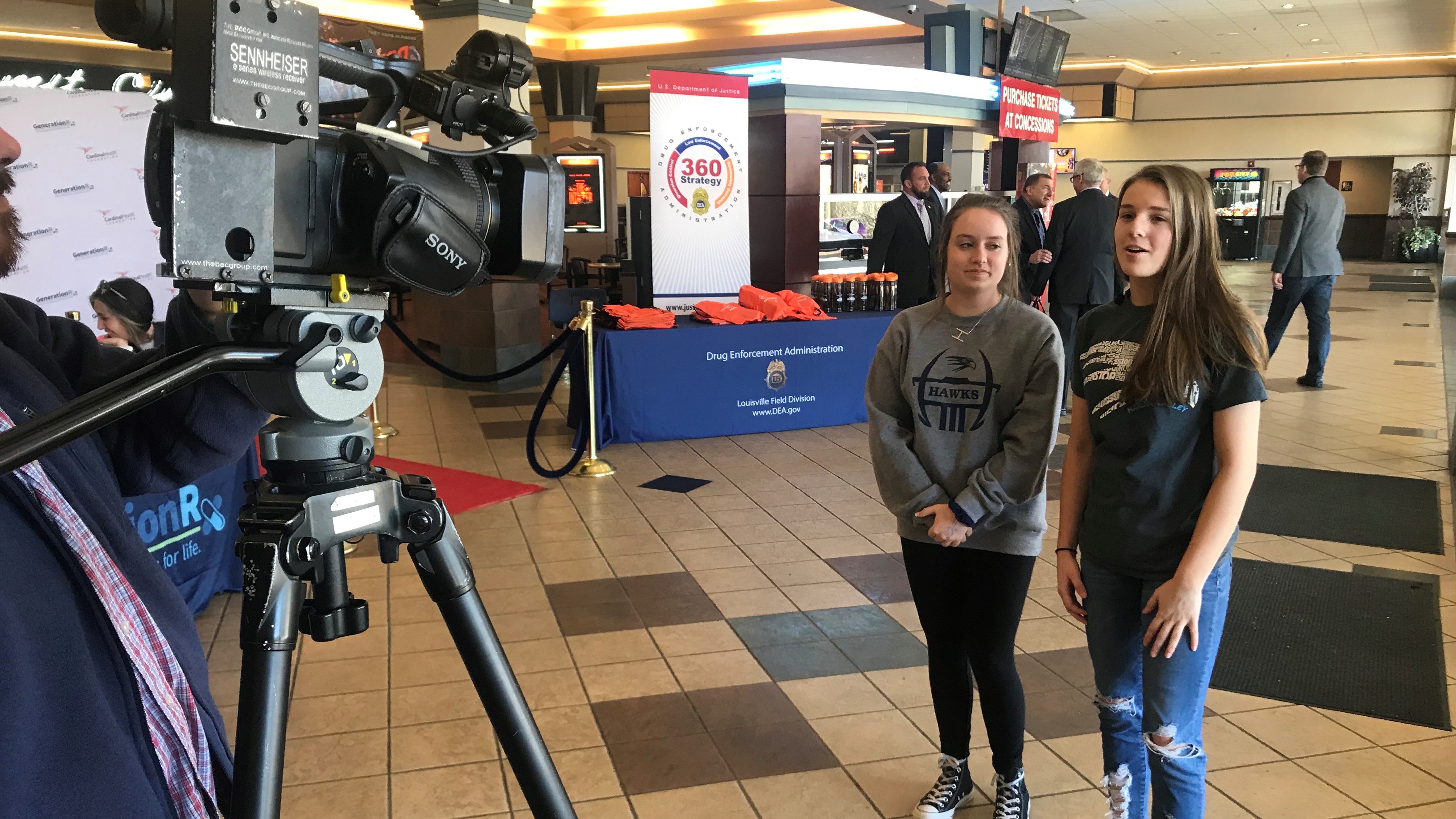 Hannah Fawver (left) and Katelyn Fedrick, sophomores at Hardin Valley Academy, speak to a reporter during the Generation Rx red carpet event on March 6, 2019. 